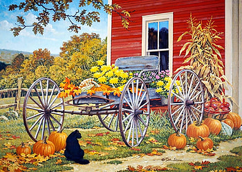 Season's Final, cart, cabin, pumpkins, leaves, painting, autumn, cat HD wallpaper