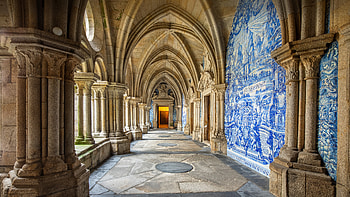 Blue hues and ceramic scenes of Porto Cathedral, Portugal, religious, cathedral HD wallpaper