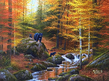 Woodland Home, bears, fall seasons, attractions in dreams, colors, forests, paintings, streams, love four seasons, wildlife, animals, trees, autumn, nature HD wallpaper