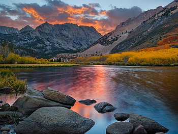 North Lake in Flames Bishop, california, sun, lake, rock, cloud, tree, mountain HD wallpaper