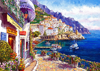 Amalfi coast, sea, Amalfi, art, que, town, coast, Italy, peaceful, beautiful, houses, mountain, summer, painting, boats, view, village HD wallpaper