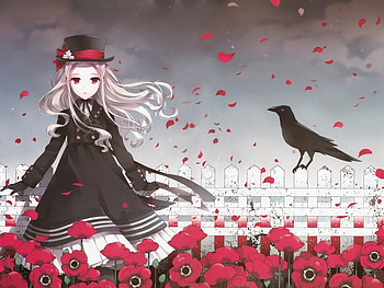 Anime girl and raven, raven, doll, anime, bird, flower, fence, girl HD wallpaper