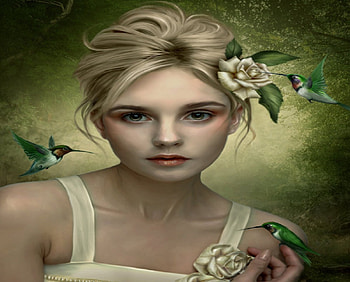 ~HummingBirds~, colibries, cute, beautiful girls, digital art, white roses, hummingbirds, adorable, female, weird things people wear, people, backgrounds, creative pre-made, pretty, manipulation, face, softness beauty, models, girls, flowers, women, lovely, hair HD wallpaper