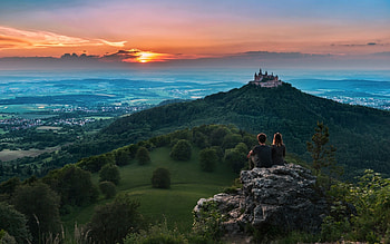 Castle Hohenzollern, Germany, hills, landscape, sky, nature, people, sunset HD wallpaper