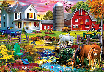 Picnic on the Farm, chairs, barn, horses, painting, car, house, animals, tractor HD wallpaper