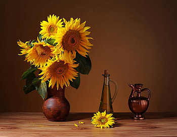 Still life with Sunflowers, Bottle, Pitcher, Jug, Sunflowers HD wallpaper