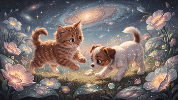 Starlit Playmates — Kitten & Puppy, Kitten, Puppy HD wallpaper
