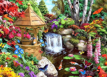 Spring Garden, birds, wishing well, garden, colors, waterfalls, spring, butterflies, love four seasons, butterfly designs, nature, flowers HD wallpaper