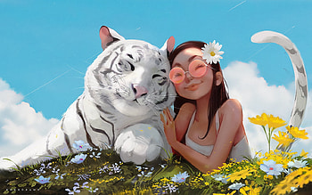 Year of the Tiger, summer, white, tiger, fantasy, girl, rossdraws, vara, 2022 HD wallpaper