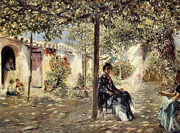 Ladies in a Sun-dappled Courtyard, art, Arnosa, ladies, beautiful, illustration, England, artwork, wide screen, painting, courtyard, Jose Gallegos Y Arnosa HD wallpaper