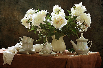still life, white, graphy, peony, vase, beautiful, jug, elegant, flowers, flower bouquet, bowls, drink HD wallpaper