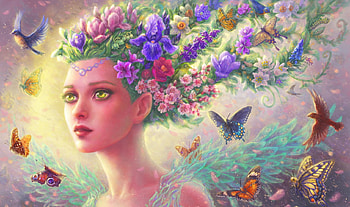 Spring, colorful, bird, pasare, girl, butterfly, fantasy, flower, marurenai, luminos HD wallpaper