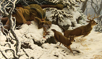 Mountain gargoyle, winter, raoul vitale, fantasy, snow, deer, hunt, gargoyle HD wallpaper