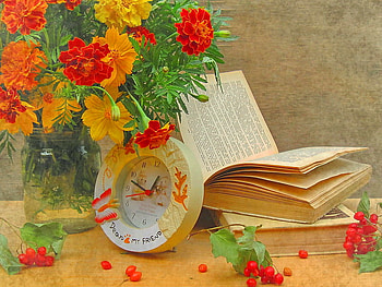 Still life, vase, beautiful, orange, nice, book, pretty, flowers, clock, lovely HD wallpaper