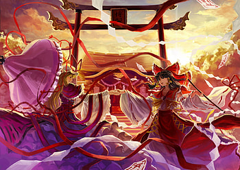 hakurei reimu & yakumo yukari, hakurei reimu, touhou, cute, girls, dress, lovely, shrine HD wallpaper