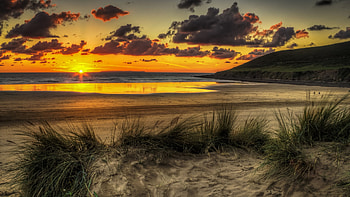 Sunset at the sea, sky, sun, coast, clouds, colors, beach HD wallpaper
