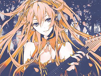 Luka Megurine, sexy, female face, heads, smile, guitar, cute, singer, vocaloid, pink hair, long hair, grey eyes, anime girl, anime, forest, female HD wallpaper
