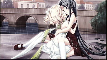 Katahane, sexy, belle, angeline rocca, rain, cute, kawai, shoujo ai, dress, yuri, anime girl, anime, bridge, cool, girls HD wallpaper