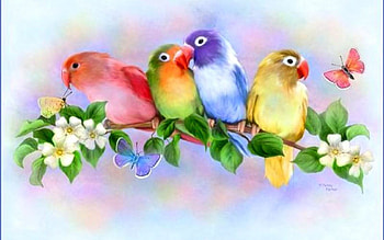 Rainbow Love Birds, branch, butterflies, colorful, leaves, rainbow, fantasy, flowers, love birds HD wallpaper