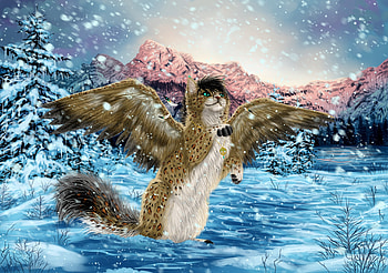 Fantasy cat, blue, winter, animal, wings, cat, pisica, fantasy, iarna, luminos HD wallpaper