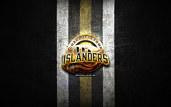 Charlottetown Islanders, golden logo, QMJHL, black metal background, canadian hockey team, Charlottetown Islanders logo, hockey HD wallpaper