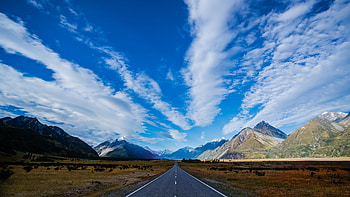 new zealand, road, highway, mountain, blue, sky, clouds HD wallpaper