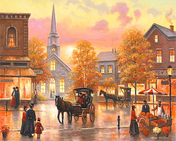 Autumn in Pleasant Ville, cities, attractions in dreams, paintings, love four seasons, carriages, fruit seller, autumn, nature, fall season, peoples HD wallpaper