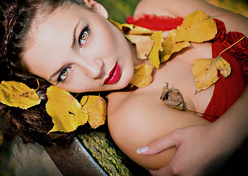 Leaves, sexy, girl, model HD wallpaper