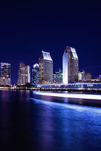 Cities, Water, Building, Long Exposure, Night City HD phone wallpaper