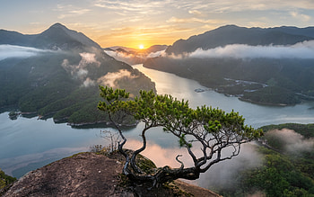 Mountains, sun, water, tree, clouds HD wallpaper