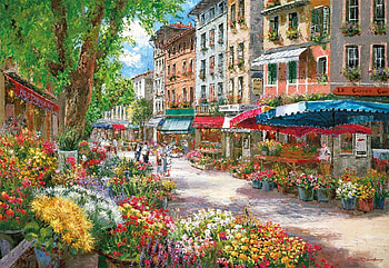 Flower Market, painting, blossoms, town, trees, road, flowers, houses HD wallpaper