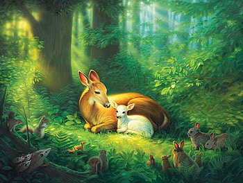 Welcome to Forest, artwork, painting, fawn, deer, animals, rabbits, squirrel HD wallpaper