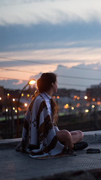 Girl sitting on rooftop, Town views, Sony Xperia HD phone wallpaper