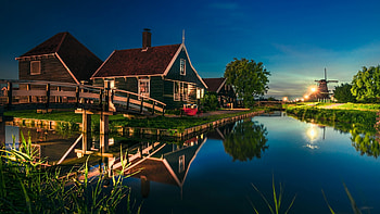 Beauty of nature, river, windmill, architecture, house, beauty, twilight, cannal, reflection, nature, water, evening HD wallpaper