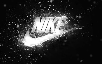 Nike white logo, , white neon lights, creative, black abstract background, Nike logo, fashion brands, Nike HD wallpaper