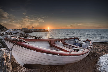 Nature, Sunset, Sea, Shore, Bank, Boat HD wallpaper