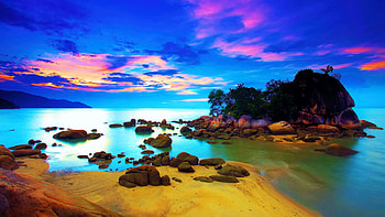 Rocks at the sea, sea, sand, colors, clouds, sky, beach, stones, sunset HD wallpaper