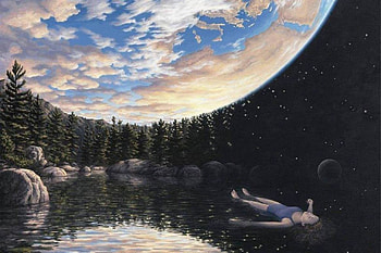 surreal painting, space, girl, forest, lake HD wallpaper