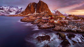 Lofoten Islands, Norway, rocks, islands, villade, sea, clouds, sky HD wallpaper