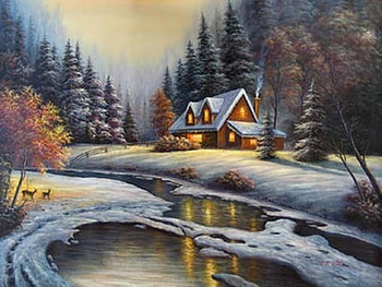 Winter cottage, winter, painting, snow, cottage, tree HD wallpaper