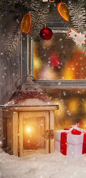 Christmas Window, window, lantern, christmas ornaments, snow, holiday, Christmas HD phone wallpaper