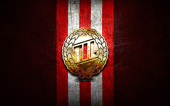 Tromso FC, golden logo, Eliteserien, red metal background, football, norwegian football club, Tromso FC logo, soccer, Tromso IL HD wallpaper