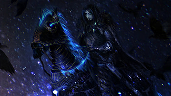 Raven Knight, blue, horse, black, man, solaice, dark, fantasy, luminos HD wallpaper