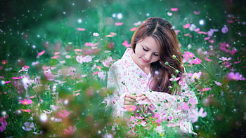 asian, girl, field, flowers HD wallpaper