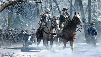 Assassin's Creed, trees, army, horses, snow HD wallpaper