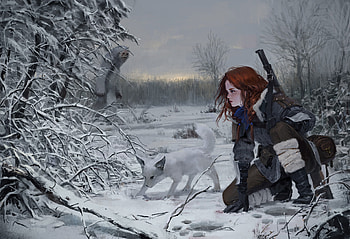 Yeti hunter, winter, art, hunter, girl, wolf, fox, fantasy, yeti, luminos, park pyeongjun, redhead HD wallpaper