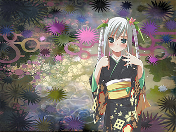 Kimono Girl, japanese clothes, kimono, cute, long hair, dress, abstract, flower, female, sexy, grey hair, hot, girl, traditional, anime girl, anime, white hair, green eye HD wallpaper