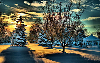 Winter in a park, sky, sunset, gazebo, clouds, colors, trees HD wallpaper