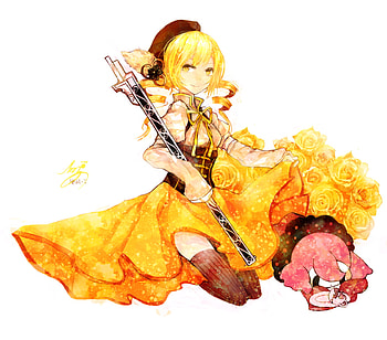 mahou shoujo madoka magica, yellow eyes, blonde hair, key, dress HD wallpaper