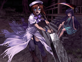 Crazy Rena, scary, higurashi no naku koro ni, rush, attack, furude rika, running, steps, evil, ryuuguu rena, dark, scythe, violent, anime, killer, weapon, girls, angry HD wallpaper